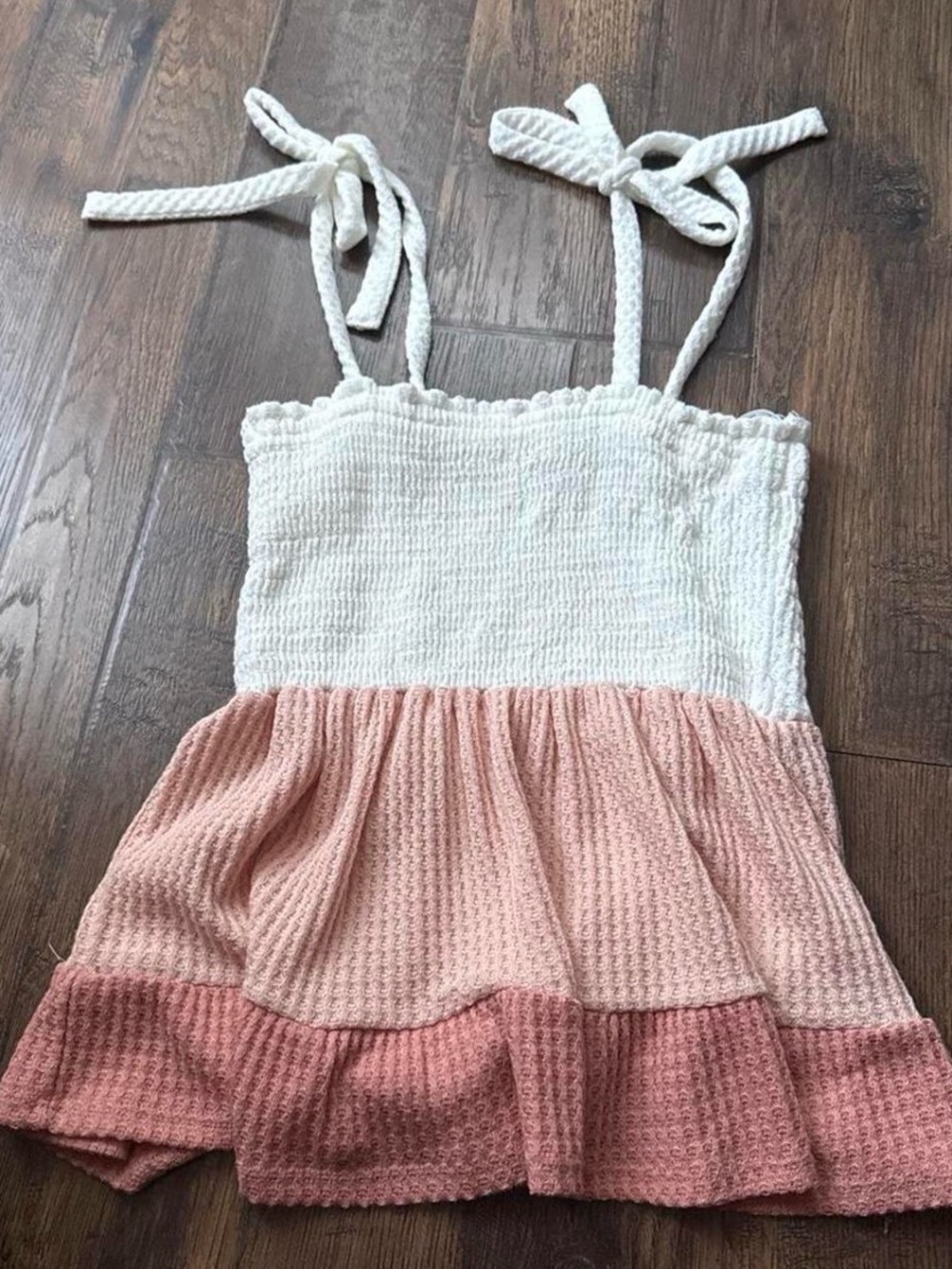 Girls Colorblock Tie-Shoulder Waffle Babydoll Shirt - White & Pink